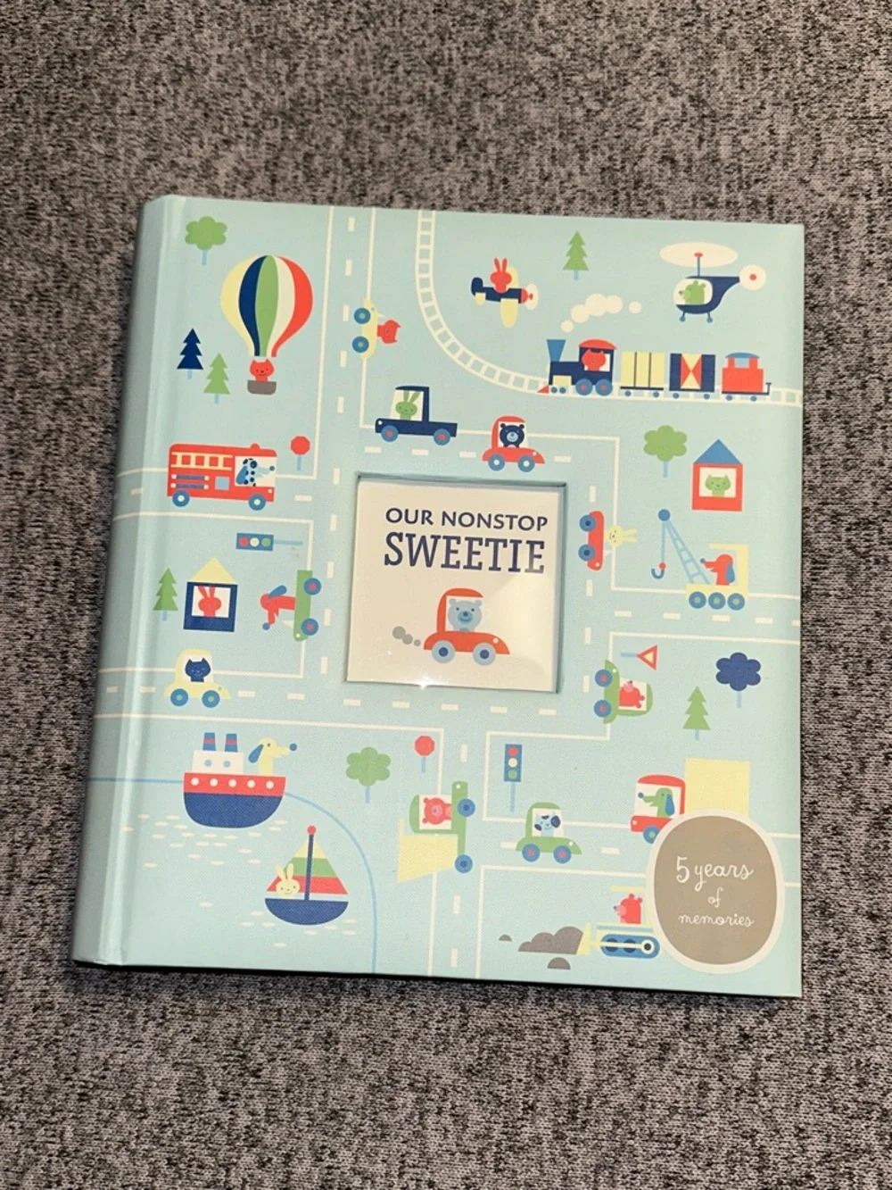 Hallmark Our Nonstop Sweetie 5 Year Baby Memory Book - Blue Transportation Cover